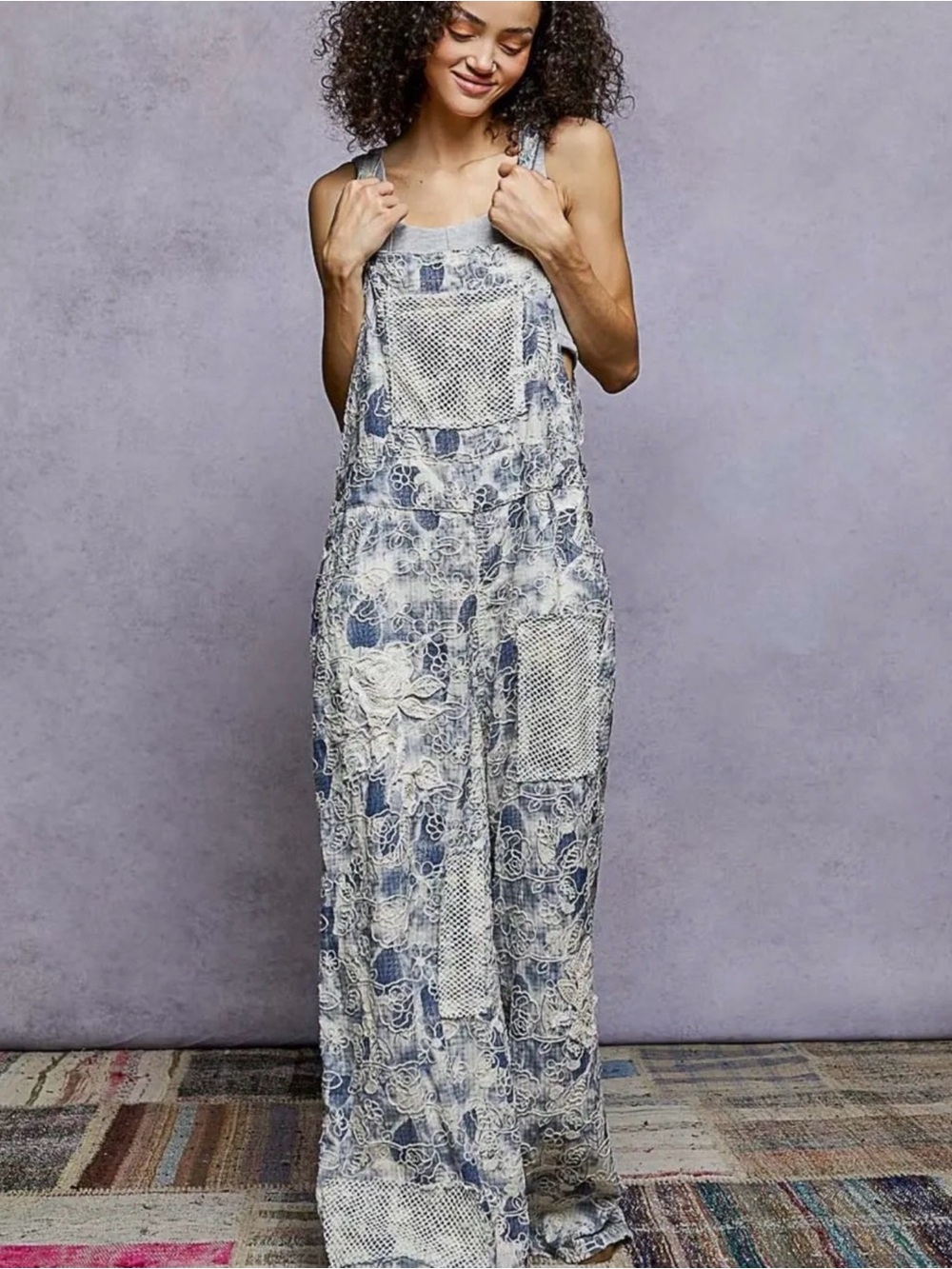 NEW- POL Overalls Floral Embroidery Accents with Mesh and Crochet Details- Large